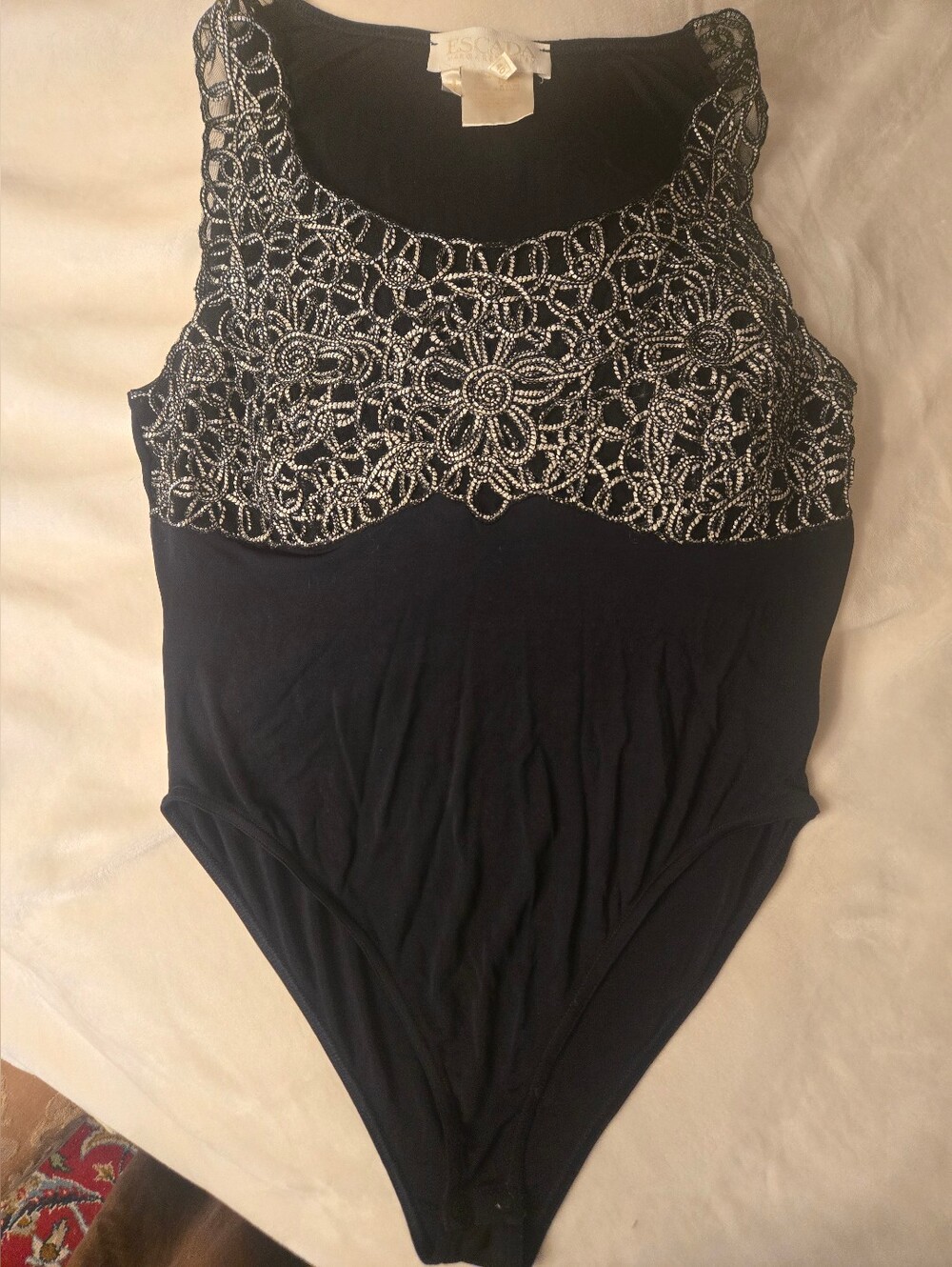 Italian Escada Black One-Piece Bodysuit with Silver Lace Detail
